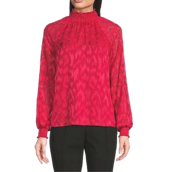 Calvin Klein Red Mockneck Turtleneck Jacquard Blouse - Picture 1 of 7